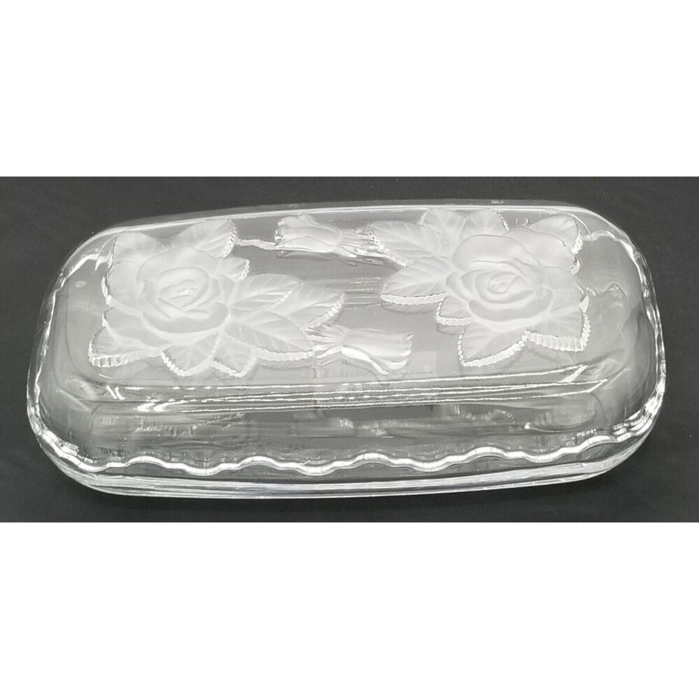 Home Beautiful Crystal‎ Glass Rectangular Dish Frosted Roses Lid Trinket Japan
